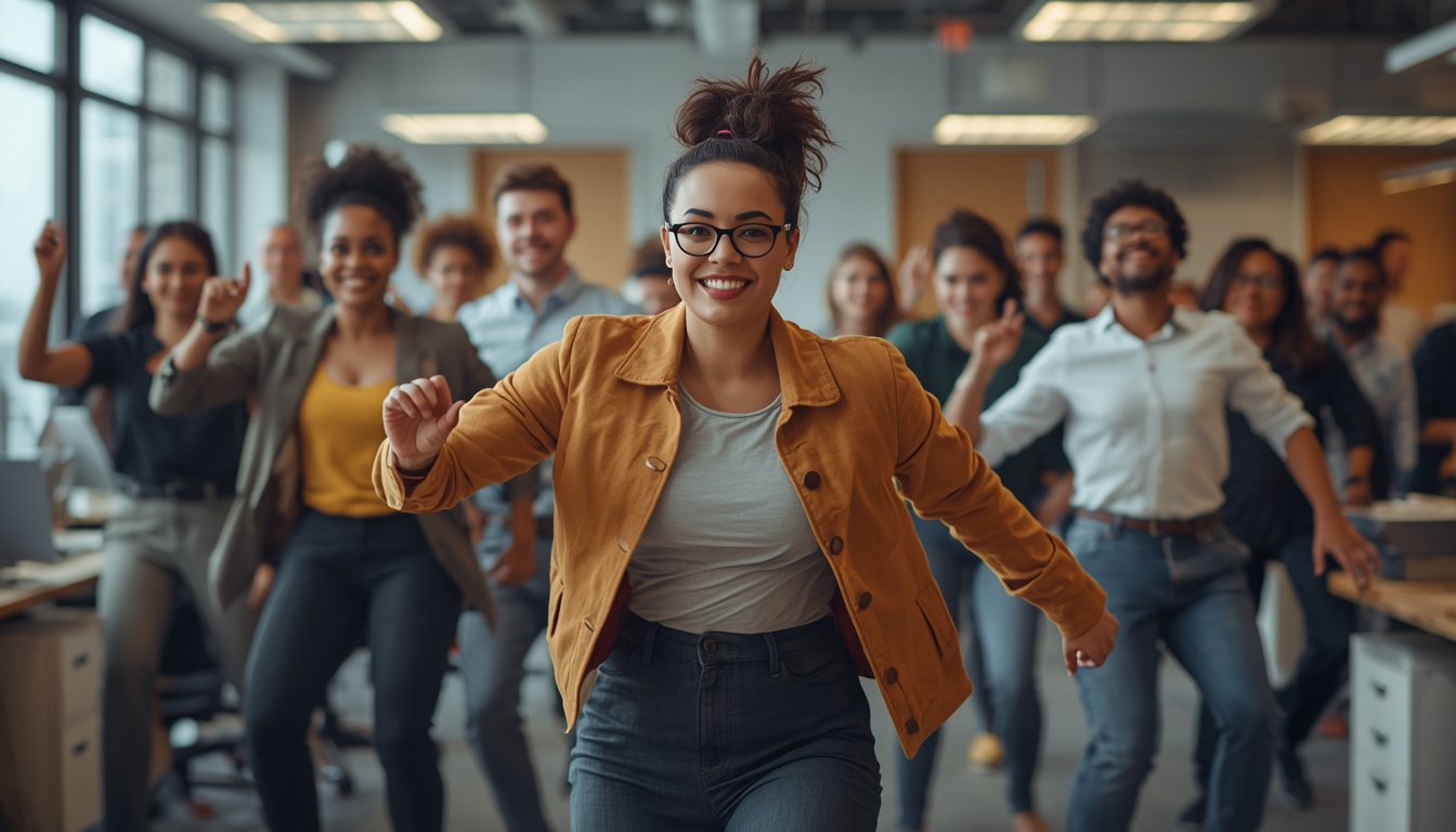 Office workers stretching during a Ligamentsghflexi workplace movement session